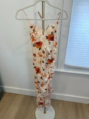 Floral Satin Ruched Drawstring V-Neck Midi Slip Dress